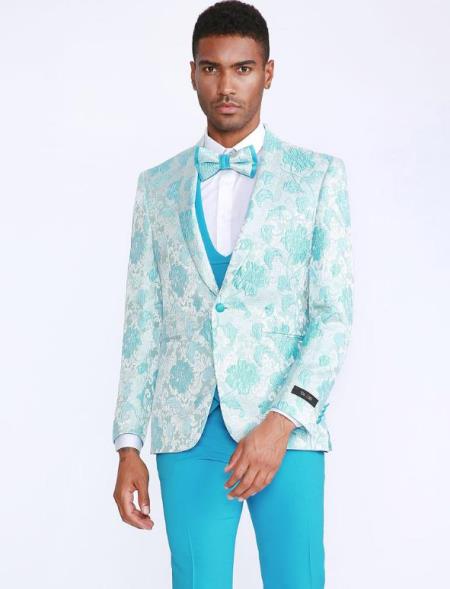 Aqua Tuxedo with Floral Pattern Four Piece Set - Wedding - P