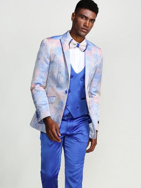 Blue Slim Fit Tuxedo with Fancy Pattern Four Piece Set - Wedding - Prom