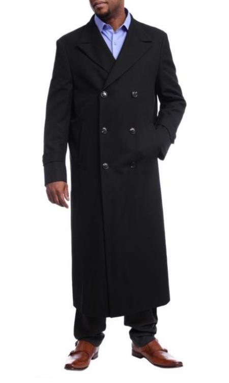 Men's Black Diamond Solid Black Wool Double Breasted Gabardine Trench Coat