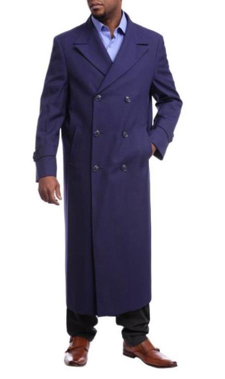 Men's Full Length Overcoat Navy Blue Wool Gabardine Double Breasted Trench Coat