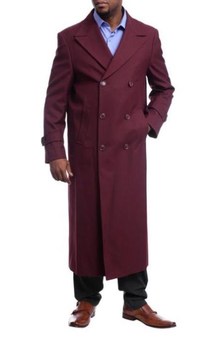 Men's Full Length Overcoat Burgundy Red Wool Gabardine Double Breasted Trench Coat