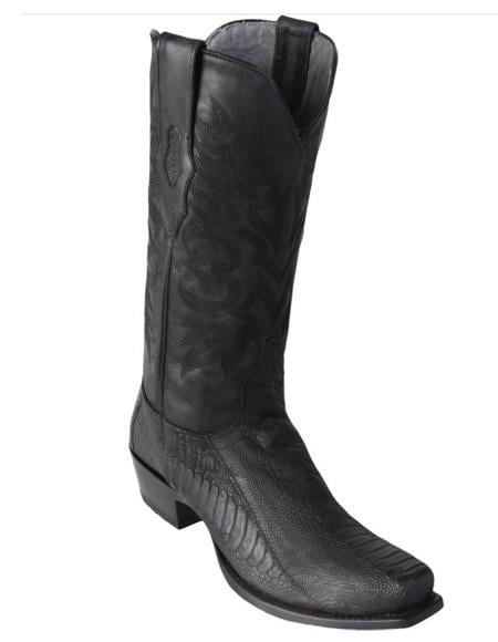 Men's Black Ostrich Leg Square 7-Toe Cowboy Boots - Greasy Finish - Botas De Avestruz