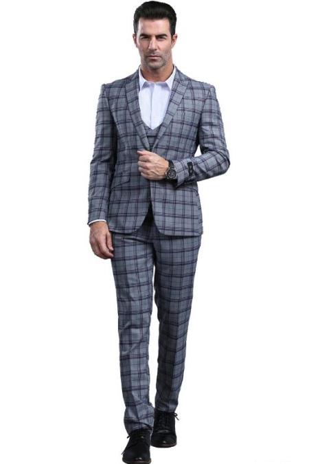 Dark Grey Slim Fitted Tapered Plaid - Window Pane Patterned Suit With Double Breasted Vest