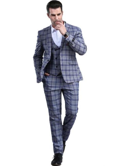 Grey Slim Fitted Tapered Window Pane Patterned Suit