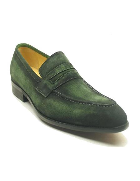 Mens Carrucci Shoes Mens Green Dress Shoes Mens Leather Suede Penny Stylish Dress Loafer Olive