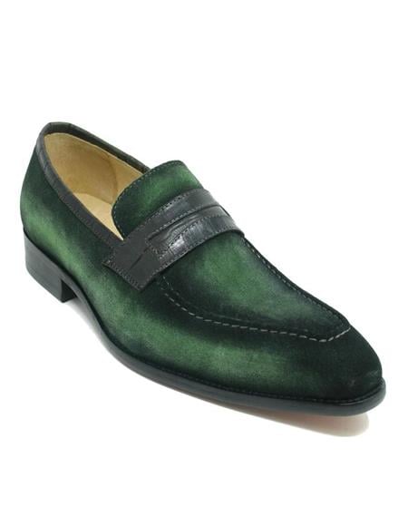 Mens Carrucci Shoes Mens Green Dress Shoes Mens Suede Penny Stylish Dress Loafer w/ Leather Trim Olive
