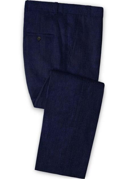 Men's Linen Fabric Pants Flat Front Dark Blue