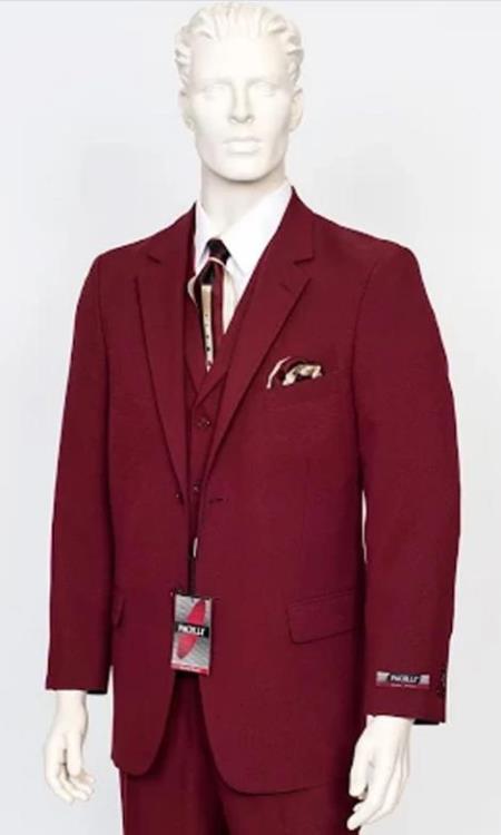 Poplin Fabric Pacelli 3pc Burgundy Suit CAMERON-10006 Classic Fit Pleated Pants Athletic Cut