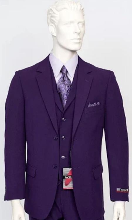 Poplin Fabric Pacelli 3pc Purple Suit CAMERON-10049 Classic Fit Pleated Pants Athletic Cut