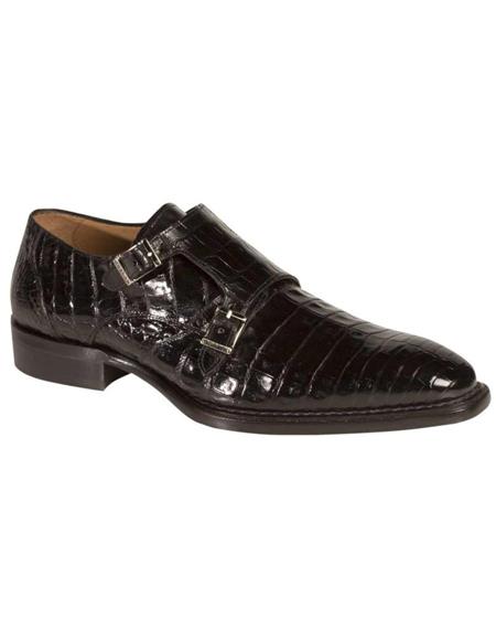 Mezlan Brand Mezlan Alligator Shoes - Mezlan Crocodile Shoes Men's Dress Shoes Sale Mezlan Men's Black Exotic Crocodile Dress Monkstraps-Men's Buckle Dress Shoes