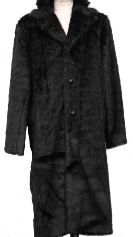 Faux Fur Overcoat - Long Top Coat Full length Coat Black