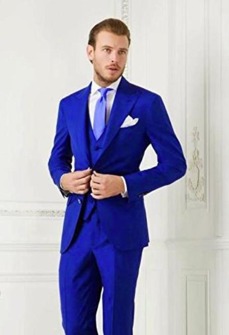 Men's Electric Blue Two Flap Front Pockets Suit