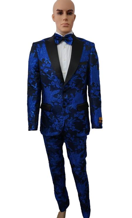 Men's Royal Blue Peak Lapel Floral Suits