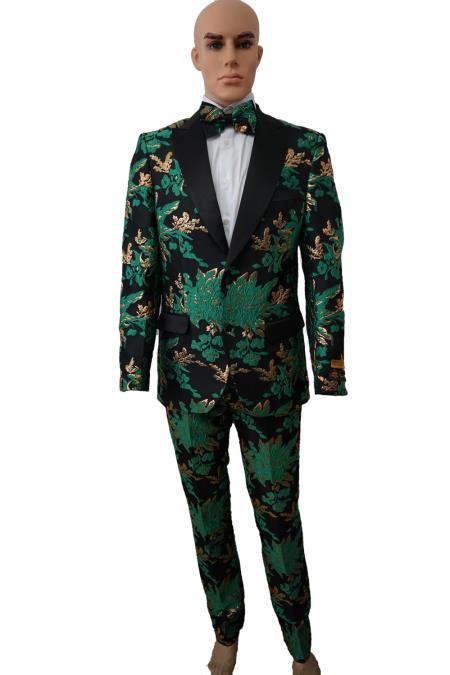 Men's Black and Green Floral Suits