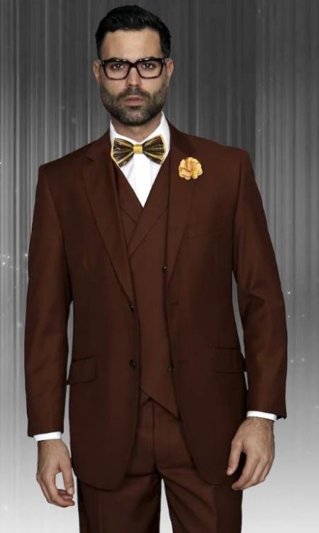 Classic Fit Suit Mens Copper 150s' + Double Breasted Vest Suit - 100% Percent Wool Fabric Suit - Worsted Wool Business Suit