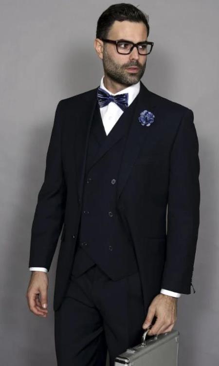 Classic Fit Suit Mens Navy Athletic Fit 100% Imported Suit - 100% Percent Wool Fabric Suit - Worsted Wool Business Suit