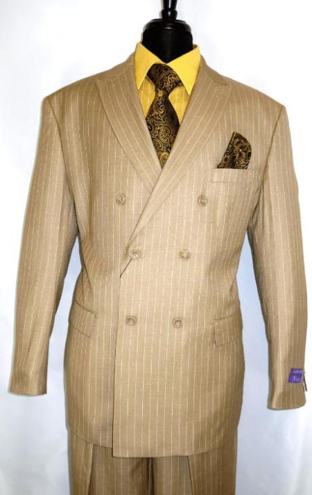 Men's Double Breasted Suit Peak Lapel 2 Button Suit Camel Pin Stripe