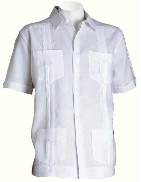 Men's 4-Pocket Short Sleeve Pleated Guayabera Shirt