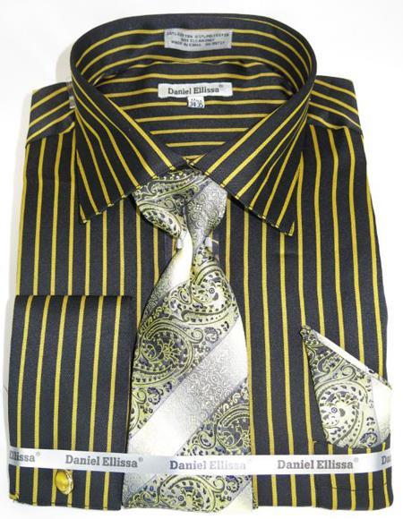 Mens Fashion Dress Shirts and Ties Black Mustard Pinstripe Colorful Men's Dress Shirt