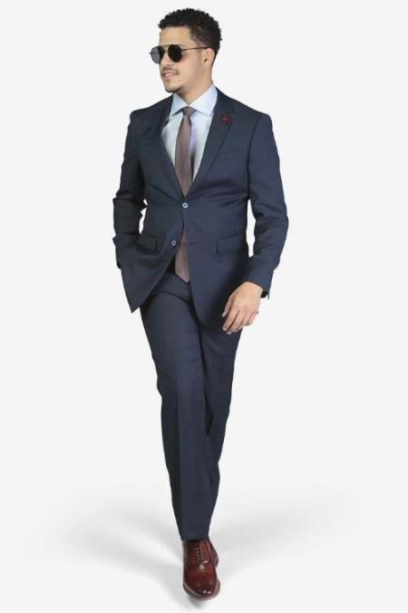 Men's Slim Fit Suit - Fitted Suit - Skinny Suit Men's Blue Windowpane 2-button  Suit 