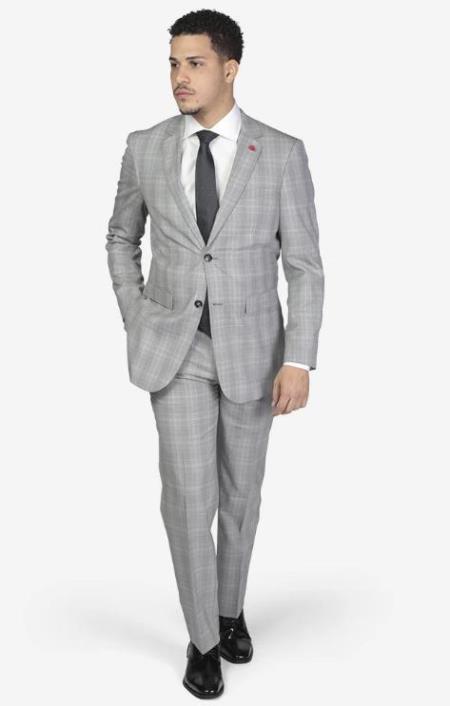 Men's Slim Fit Suit - Fitted Suit - Skinny Suit Men's Light Grey Windowpane Flap pockets Suit
