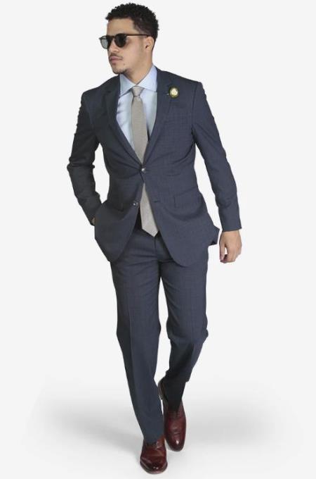 Men's Slim Fit Suit - Fitted Suit - Skinny Suit Men's Blue Windowpane Plaid Side vents Suit