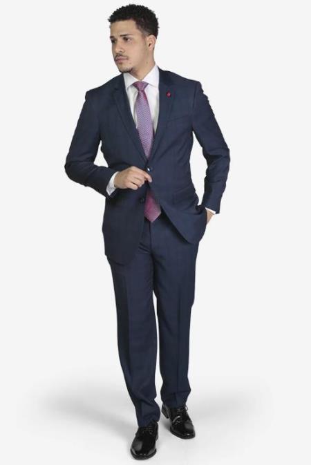 Men's Blue Plaid Slim Fit 2-button Flap pockets Suit