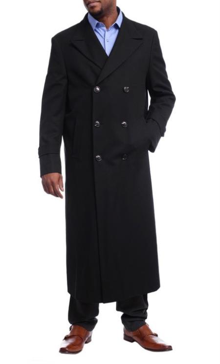 Men's Full Length Overcoat Solid Black Wool Double Breasted Trench Coat