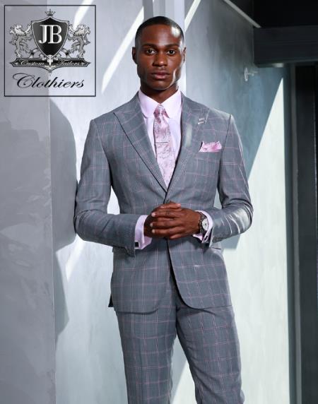 Grey and Pink Suit Including Shirt and Tie