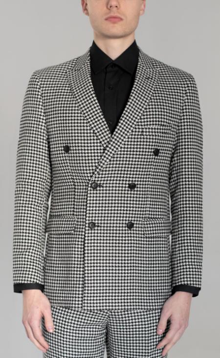 Men's Black and White Large Houndstooth Double Breasted Suit