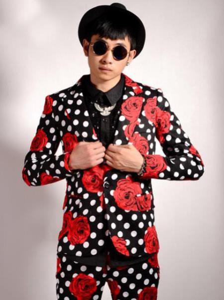 Polka Dot Suit (Jacket + Pants) + Black and White and Red Pattern + Bowtie