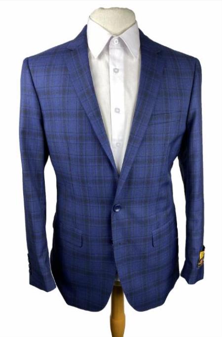Men's Slim Fit Blazer - Plaid Sport Coat - Blue Blazer - Windowpane Navy Blazer