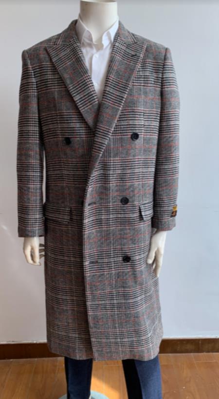 Glain plaid - Windowpane - Checkered Pattern Double Breasted Style Double Breasted Overcoat - Top Coat - Full Length Coat Gray