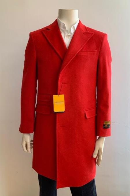 Men's Overcoat - Peak Lapel 1920s Style - Car Coat Three Quarter By Albereto Nardon + Red