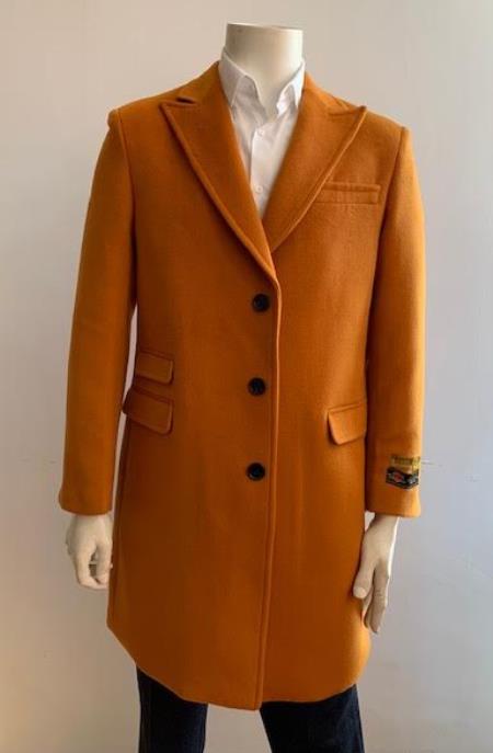 Men's Overcoat - Peak Lapel 1920s Style - Wool and Cashmere Car Coat Three Quarter By Albereto Nardon + Orange