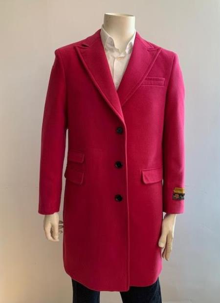 Men's Overcoat - Peak Lapel 1920s Style - Wool Car Coat Three Quarter By Albereto Nardon + Pink