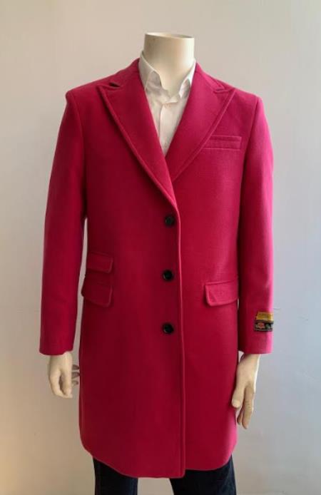 Men's Pink Overcoat - Megento Color Topcoat - Ticket Pocket Peak Collar
