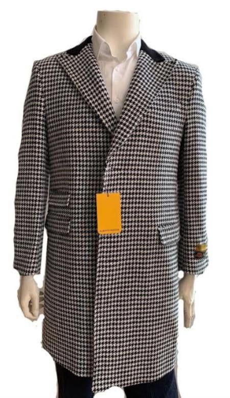 Men's Overcoat - Wool and Cashmere Three Quarter Car coat + Black and White