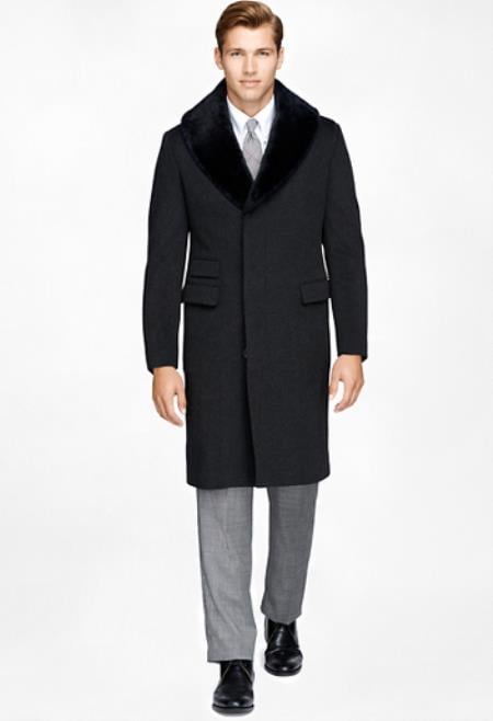Fur Collars Men's Overcoat - Men's Peacoat Wool and Cashmere Black