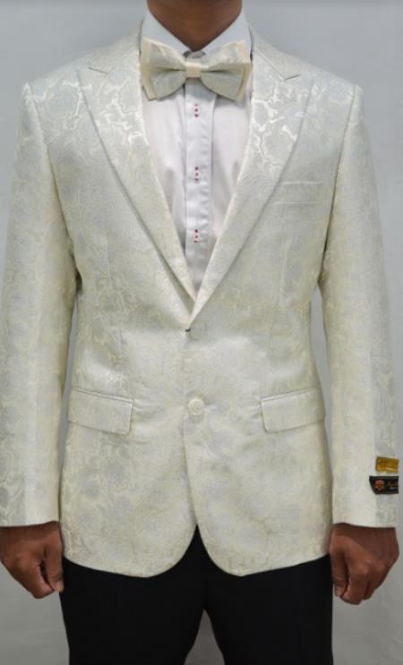 Ivory Dinner Jacket - Off White Patterned Tuxedo Blazer - Slim Fit Cream Paisley Sport Coat