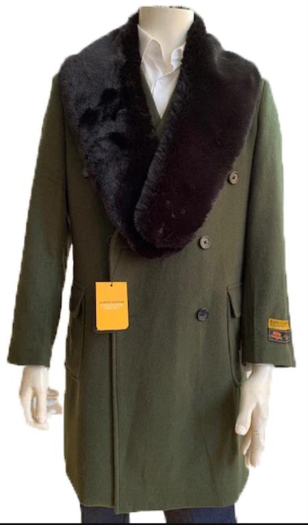 Olive Green Peacoat Double Breasted Three Quarter Overcoat - Wool And Cashmere Peacoat - Topcoat By Alberto Nardoni