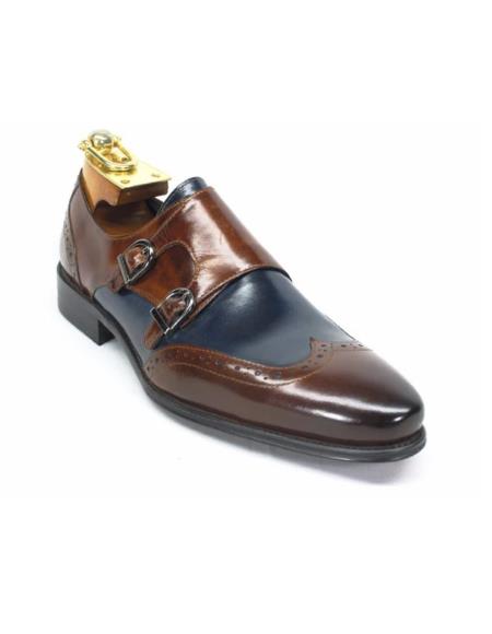 Mens Carrucci Shoes Mens Wingtip Double Monk Straps-Brown ~ Navy