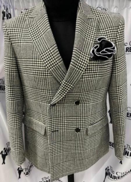 Mens 4 Button Peak Lapel Checkered Suit Black and White