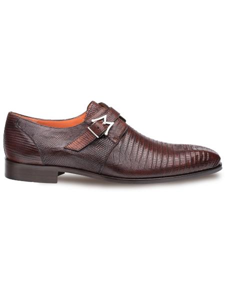 Men's Genuine Lizard Elegant Plain Toe Exotic Monk Strap Shoes Cognac