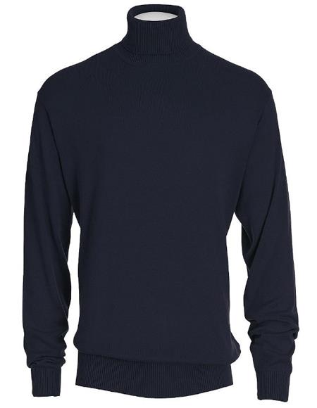 Mens Navy Blue Cotton Blend Turtleneck Sweater Shirt