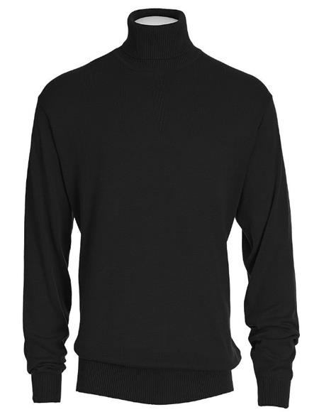 Mens Black Cotton Blend Turtleneck Sweater Shirt