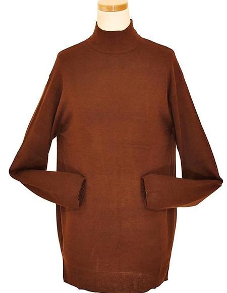 Mens Brown Cotton Blend Turtleneck Sweater Shirt