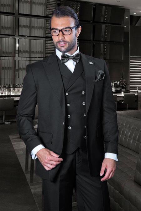 Classic Fit Suit - One Button with Double Breasted Vest Super 150s Suit - Color: Solid Black
