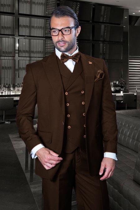 Classic Fit Suit - One Button with Double Breasted Vest Super 150s Suit - Brown Color
