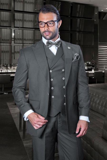 Classic Fit Suit - One Button with Double Breasted Vest Super 150s Suit - Dark Grey